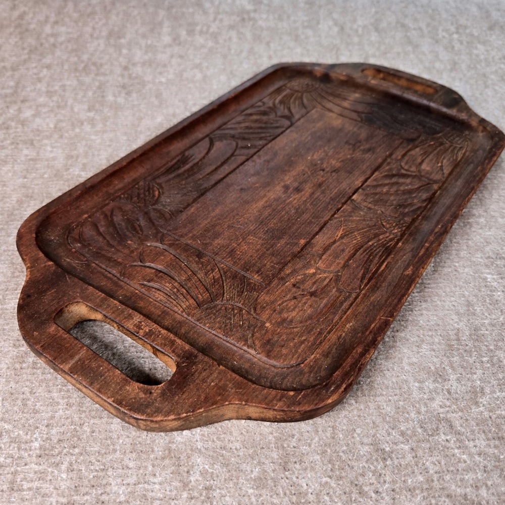 Vintage Hand Carved Wood Serving Tray Sunflower Floral Rustic Folk Art Brown